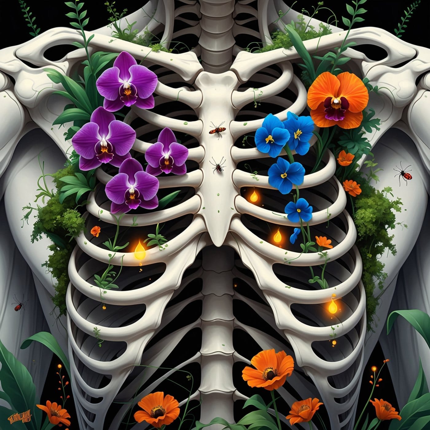 Illustration of a human ribcage filled with purple orchids, blue violets and orange poppies, with fireflies drifting between the bones