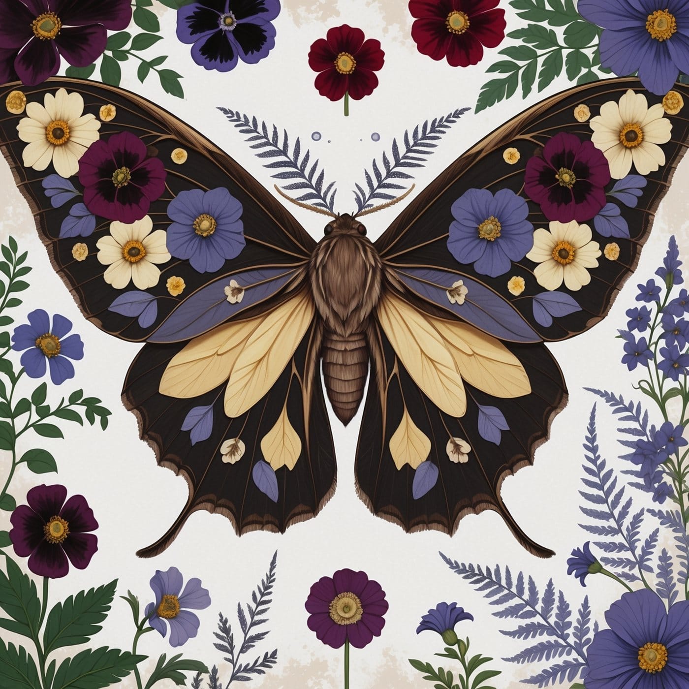 Illustration of a large moth with wings composed of pressed wildflowers, ferns and botanical specimens arranged symmetrically