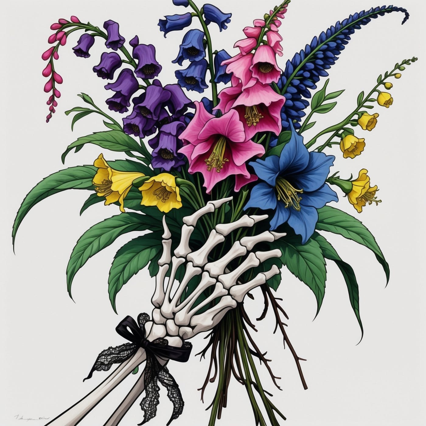 Illustration of a skeletal hand holding a bouquet of foxglove, monkshood and delphinium tied with a black lace ribbon