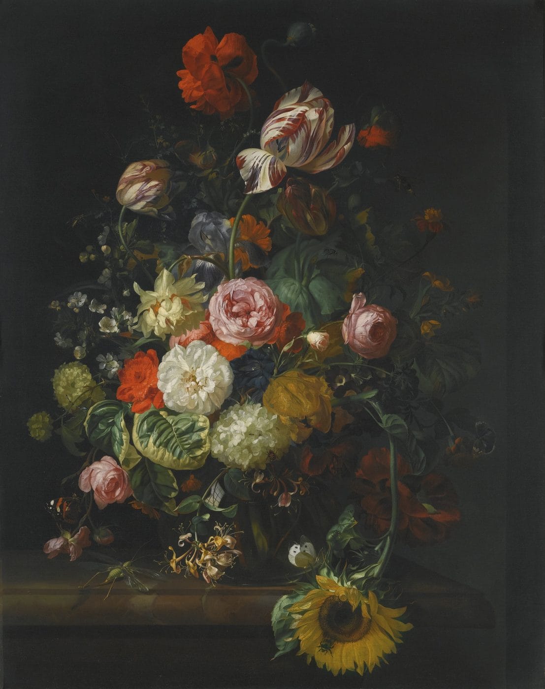 Rachel Ruysch flower still life from 1710 with roses, tulips, poppies and a sunflower massed against a dark background