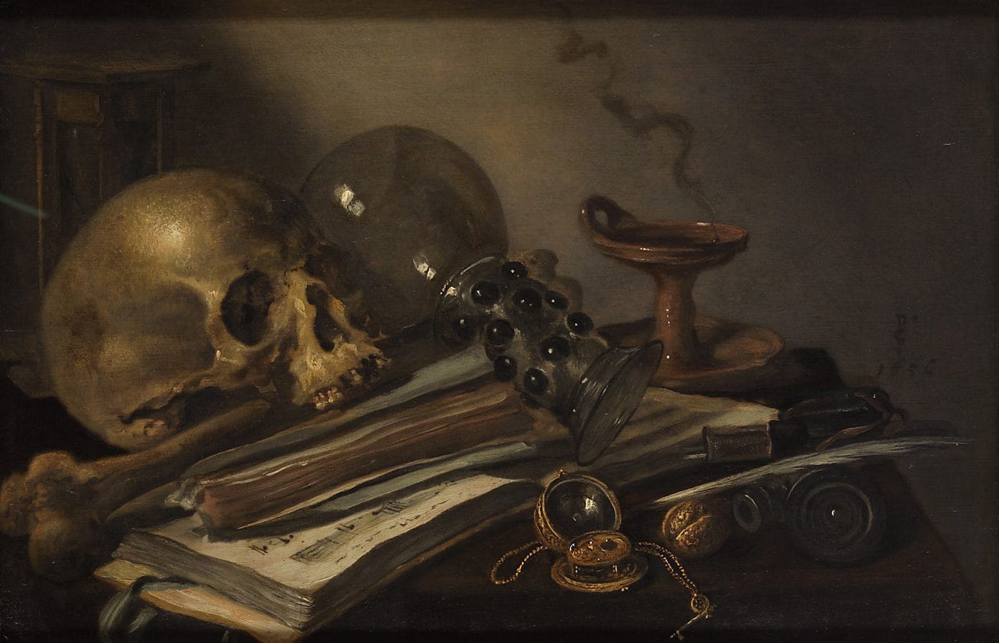Pieter Claesz vanitas still life showing a human skull, an overturned glass roemer, an open book and a pocket watch on a dark table