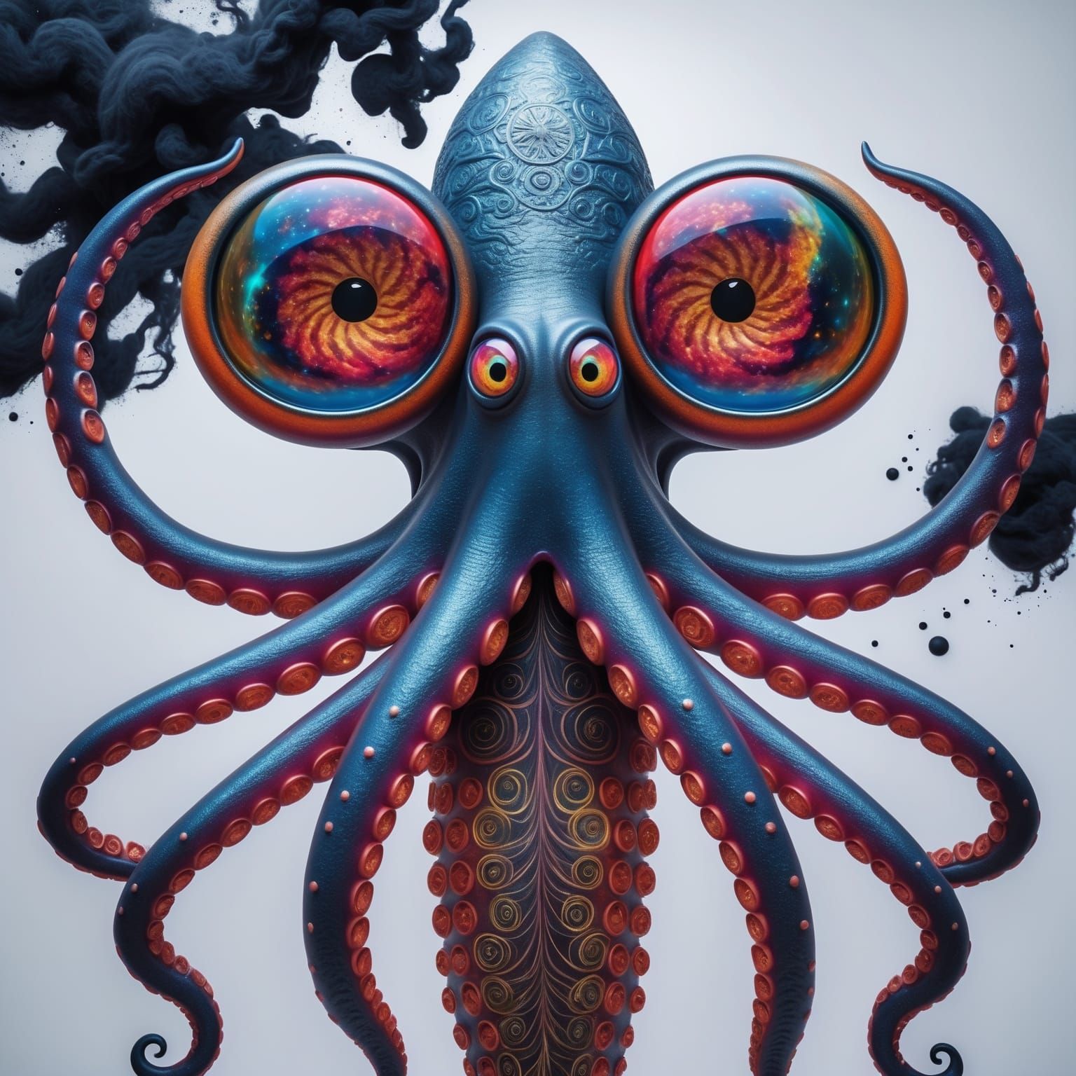 Surreal deep-sea giant squid illustration with cosmic galaxy-pattern eyes