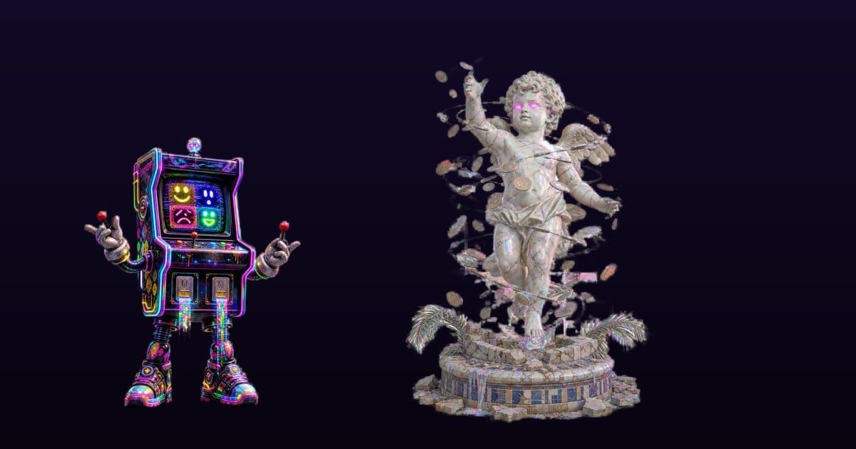 Dreamcore and liminal-space digital relics, marble mall cherub and glowing arcade cabinet on a dark gradient