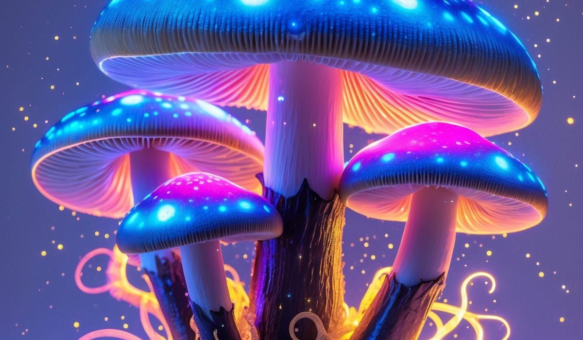 Bioluminescent blue and violet mushroom cluster glowing on a dark forest floor