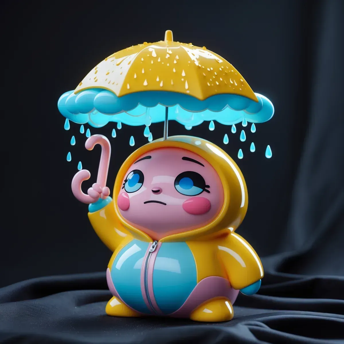Glossy vinyl art toy character with oversized eyes and a small rain cloud overhead