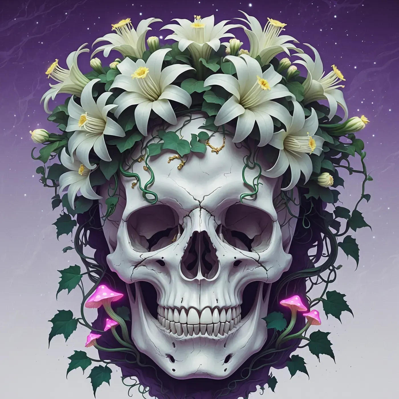 Illustration of a pale skull crowned with white night lilies and creeping ivy against a violet background