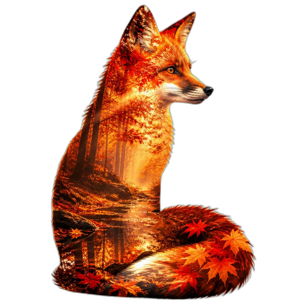 Double-exposure fox silhouette containing an autumn forest landscape, representing the wilderkind nature fashion aesthetic of 2026