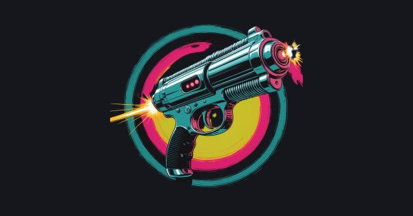 Chrome atompunk ray gun illustration in mid-century pulp-cover style