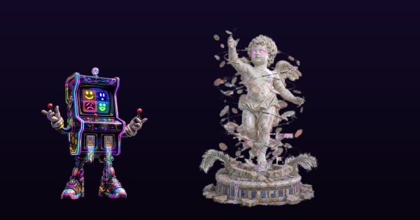 Dreamcore and liminal-space digital relics, marble mall cherub and glowing arcade cabinet on a dark gradient