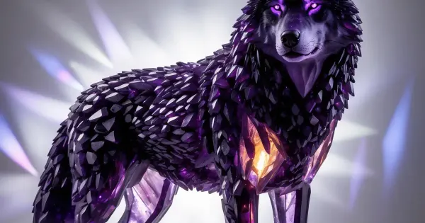 Wolf figure rendered in glowing purple amethyst crystal facets, crystalcore aesthetic artwork