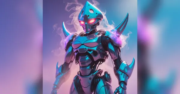 Iridescent armored humanoid figure with glowing eyes rendered in teal and violet chrome