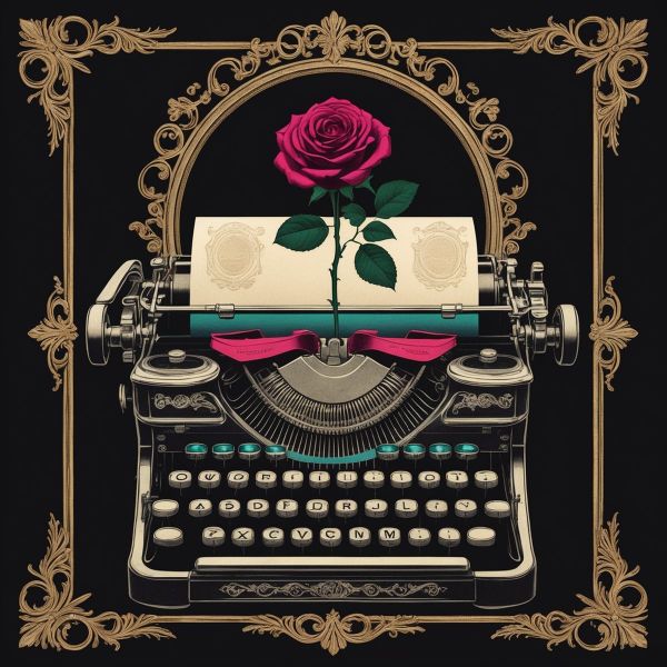 Vintage romantic typewriter rendered as an engraved gold emblem, symbol of the poetcore writer aesthetic