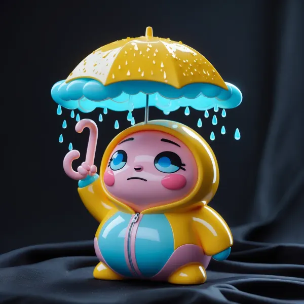 Glossy vinyl art toy character with oversized eyes and a small rain cloud overhead
