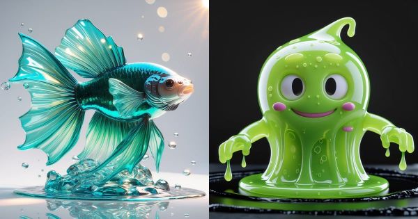 Split image comparing a glass Frutiger Aero fish render with a glossy gummy slime art toy