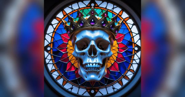 Crowned skull inside a Gothic stained glass rose window