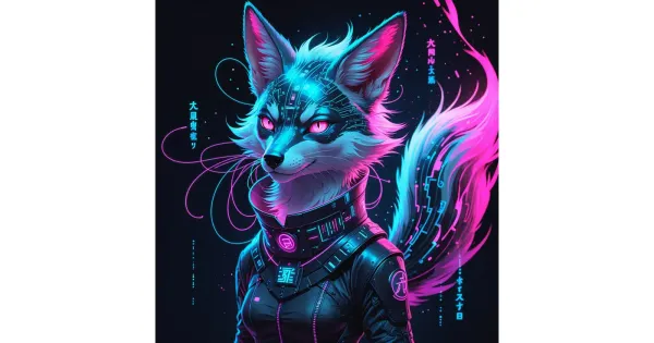 Nine-tailed kitsune fox spirit rendered in chrome and neon, inspired by Japanese yokai folklore