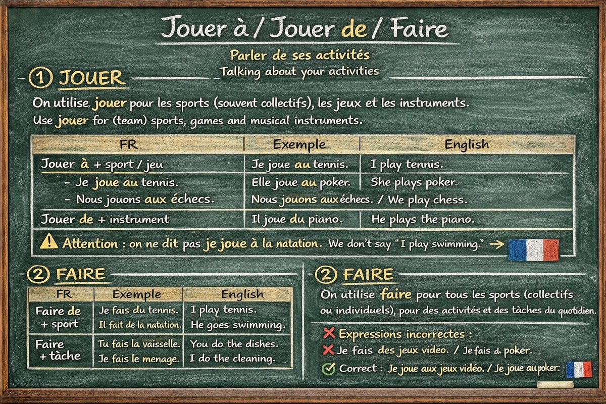 Parler de ses activités : Jouer à / Jouer de / Faire -  Talking about what you do, using 'jouer à' / 'jouer de' / 'faire' (level A1)