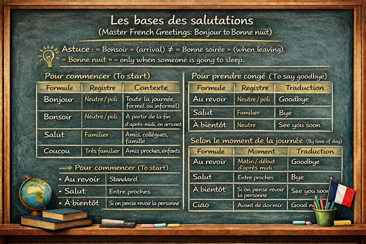 Bonjour, salut, au revoir : les bases des salutations / Master French Greetings: Bonjour to Bonne nuit (Level A1)
