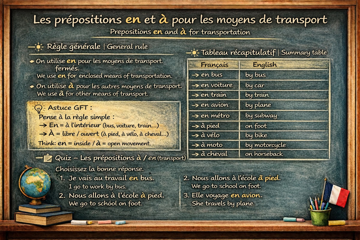 Les prépositions en et à pour les moyens de transport - The prepositions en and à for means of transport (Level A1)