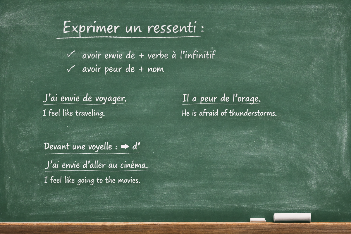 Exprimer un ressenti : avoir envie de / avoir peur de - Expressing a feeling: to feel like / to be afraid of (Level A1)