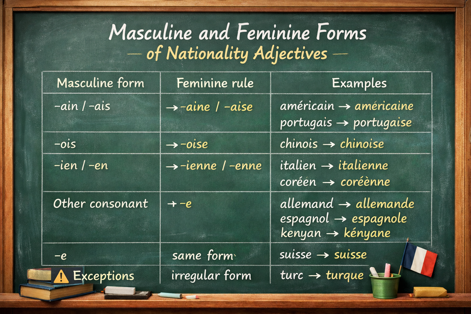 Le masculin et le féminin des adjectifs de nationalité - Masculine and Feminine Forms of Nationality Adjectives (Level A1)