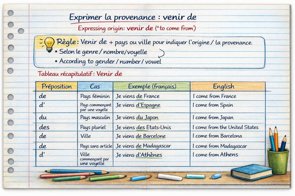 Exprimer la provenance : venir de - Expressing origin: coming from (Level A1)