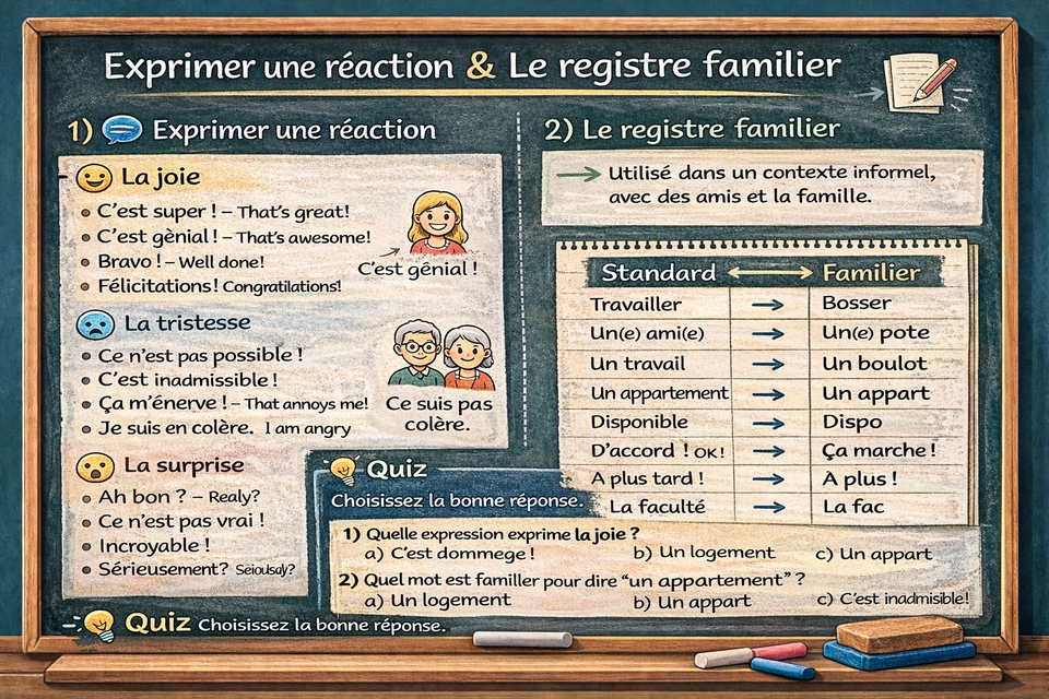Exprimer une réaction & Le registre familier - Expressing a reaction, Informal language (Level A1)