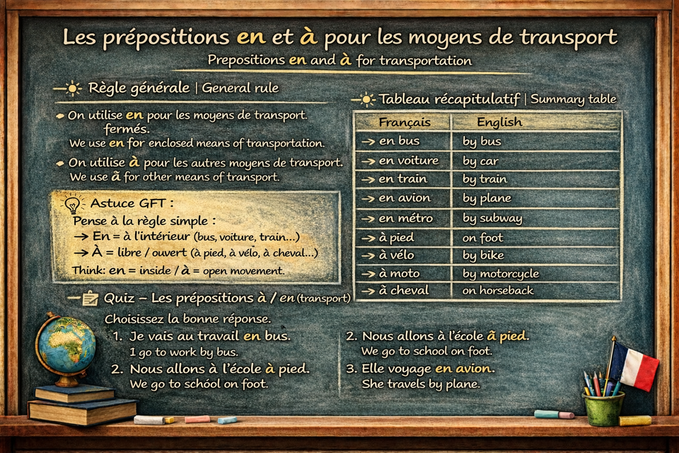 Les prépositions en et à pour les moyens de transport - The prepositions en and à for means of transport (Level A1)