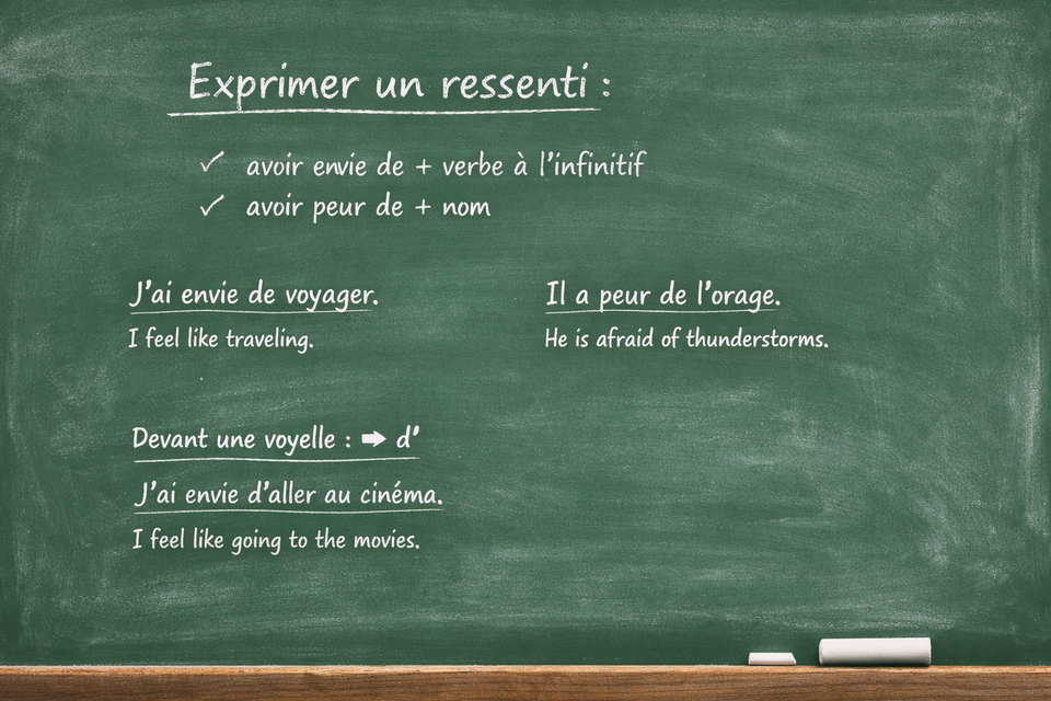 Exprimer un ressenti : avoir envie de / avoir peur de - Expressing a feeling: to feel like / to be afraid of (Level A1)