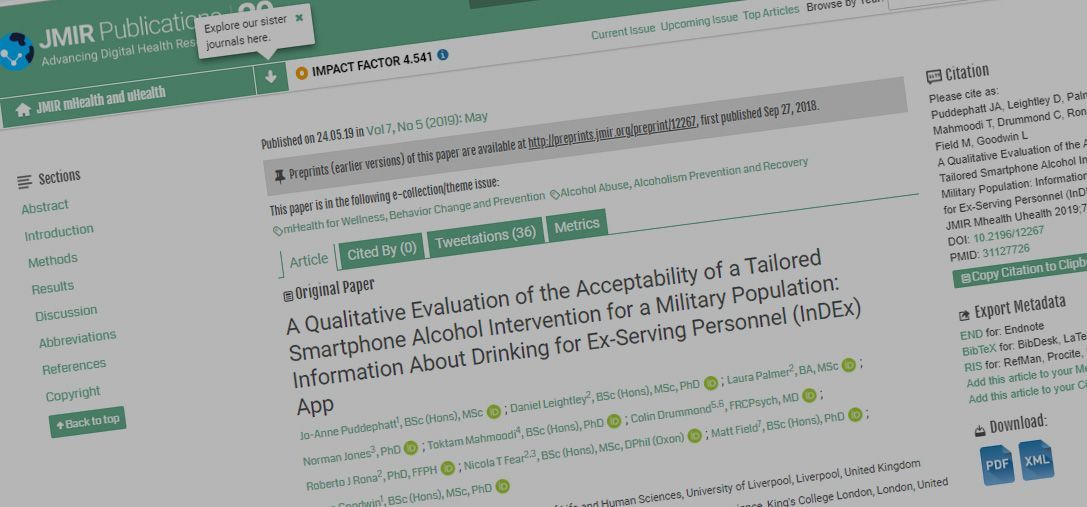 Just Published: A Qualitative Evaluation of the Acceptability of a Tailored Smartphone Alcohol Intervention for a Military Population: Information About Drinking for Ex-Serving Personnel (InDEx) App