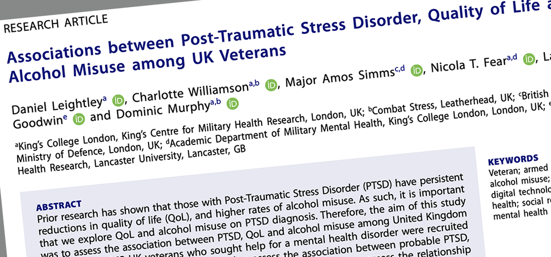 Just Published: Associations Between Post-Traumatic Stress Disorder, Quality of Life and Alcohol Misuse Among UK veterans