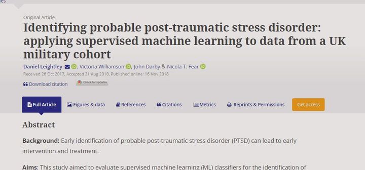 Just Published: Identifying probable post-traumatic stress disorder: applying supervised machine learning to data from a UK military cohort