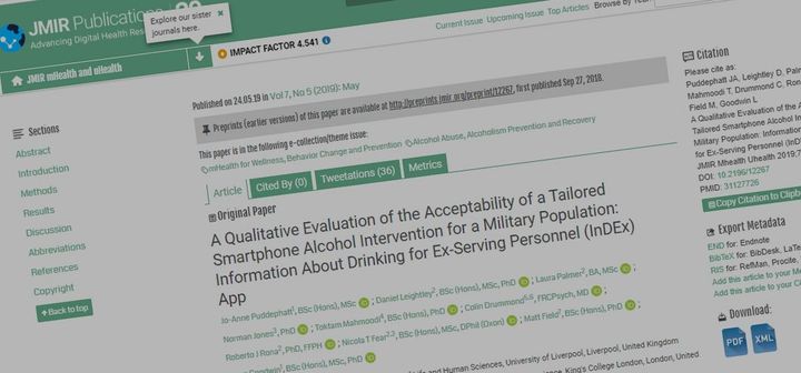 Just Published: A Qualitative Evaluation of the Acceptability of a Tailored Smartphone Alcohol Intervention for a Military Population: Information About Drinking for Ex-Serving Personnel (InDEx) App