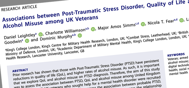 Just Published: Associations Between Post-Traumatic Stress Disorder, Quality of Life and Alcohol Misuse Among UK veterans