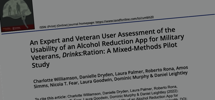 Just Published: An Expert and Veteran User Assessment of the Usability of an Alcohol Reduction App for Military Veterans, Drinks:Ration: A Mixed-Methods Pilot Study