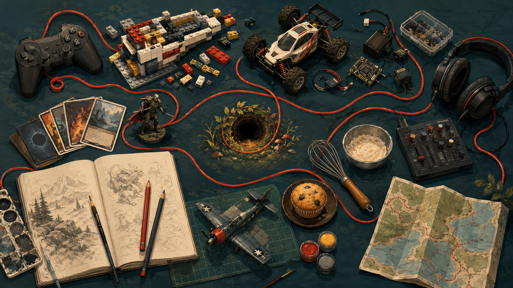 An illustrated workbench filled with gaming, building, RC, electronics, collecting, music, art, baking, model-making, and travel items connected by a red cord around a central rabbit hole.