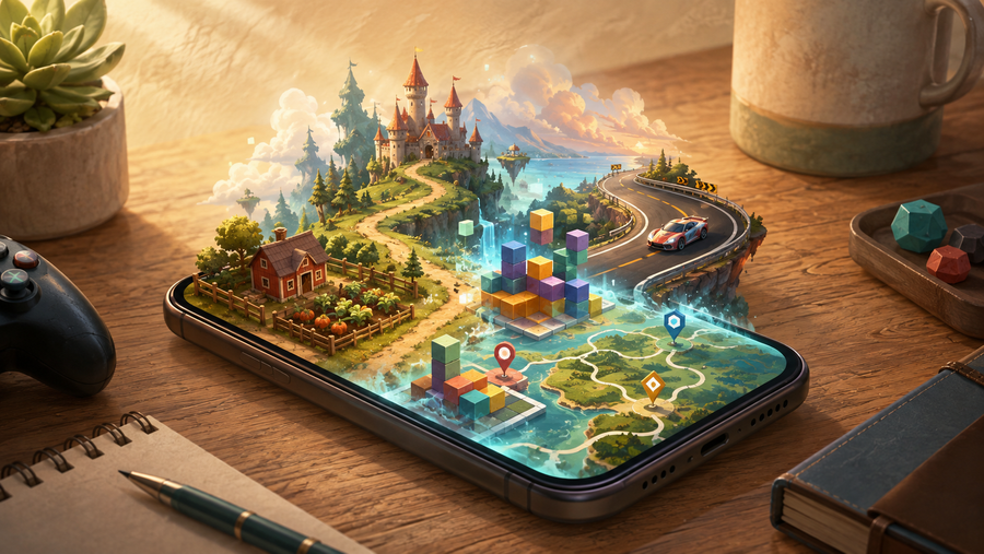A smartphone opening into miniature fantasy, farming, racing, puzzle, and map-based game worlds on a wooden desk.
