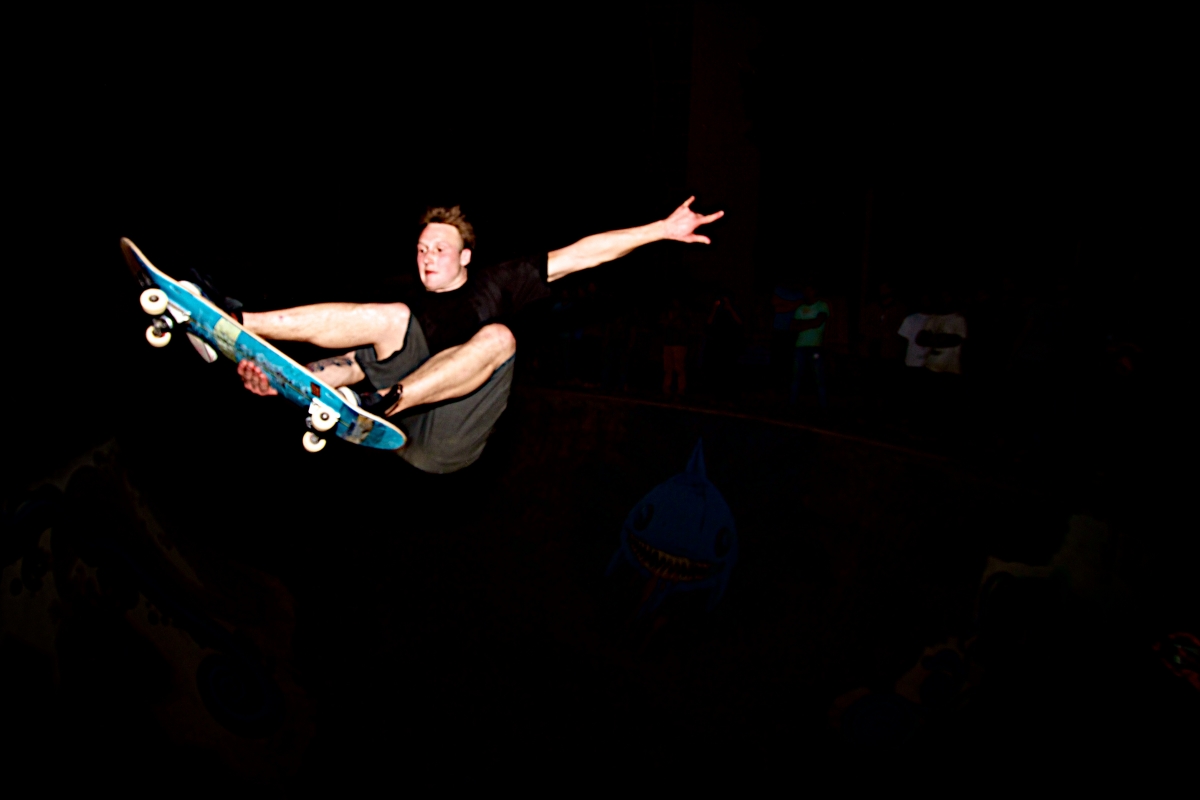 Danish skater Mathias Hall Lauren going airborne during the bowl session.. Rammohan Paranjape