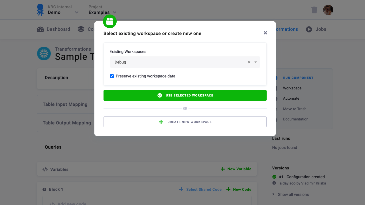 Use Existing Workspace When Loading Data from Transformation