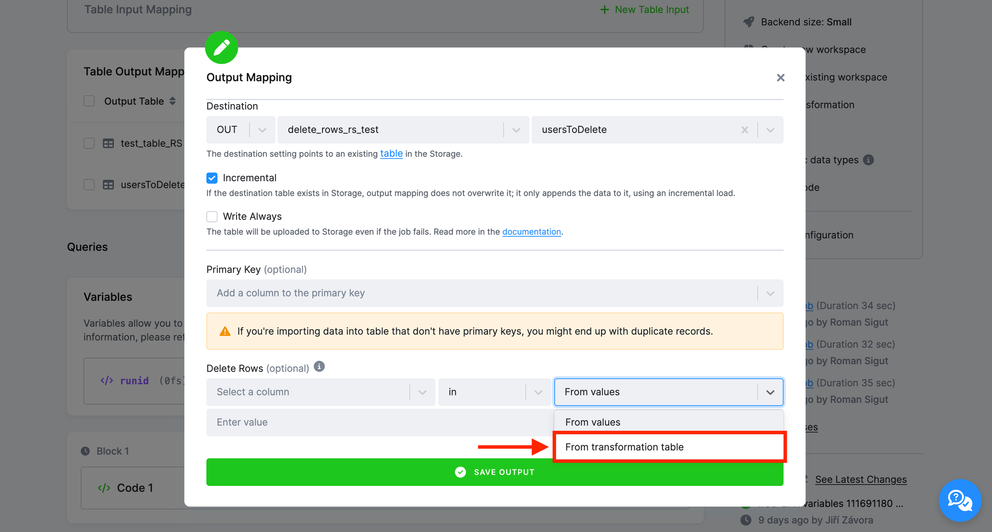 Dynamically Delete Table Rows during Output Mapping (Beta)