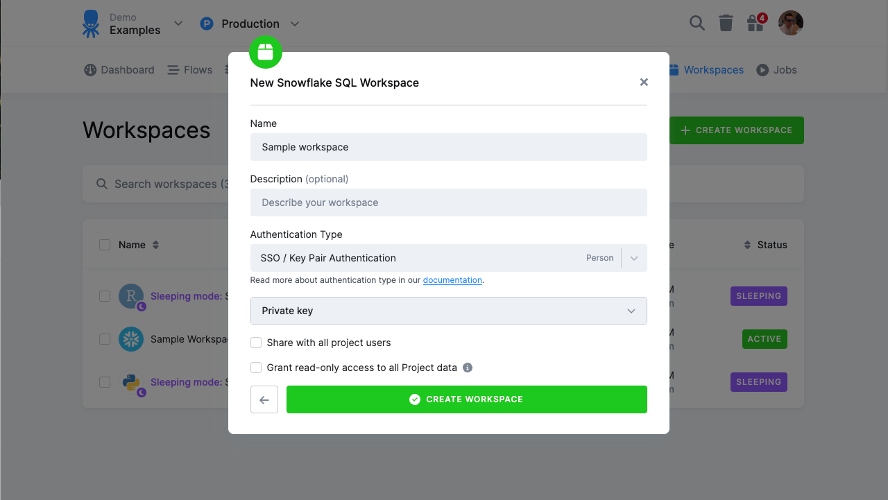 Introducing new Snowflake SQL workspaces supporting Key Pair authentication