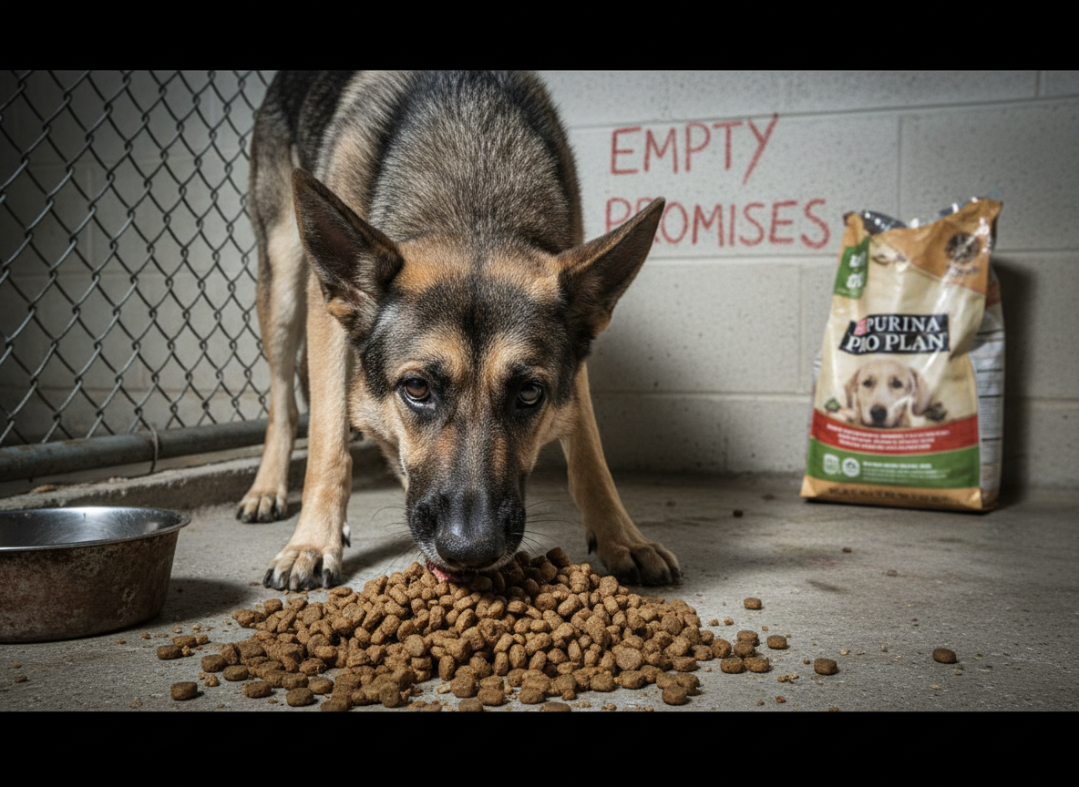 Purina Pro Plan dog food roast showing a performance dog next to industrial corn and mystery ingredients