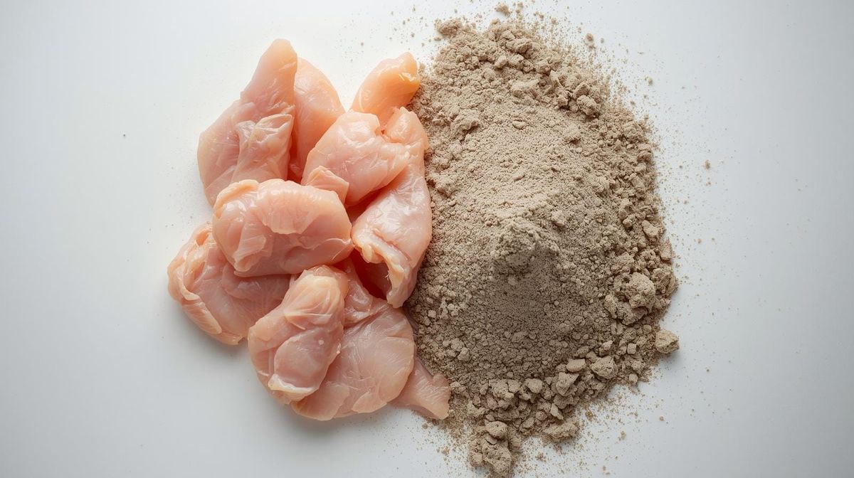 Raw chicken vs processed grey chicken by product meal powder.