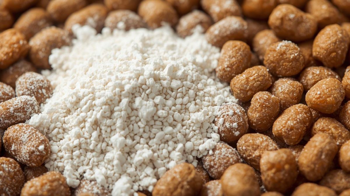 White powdered cellilose on dog food - wood pulp filler in commercial dog food.