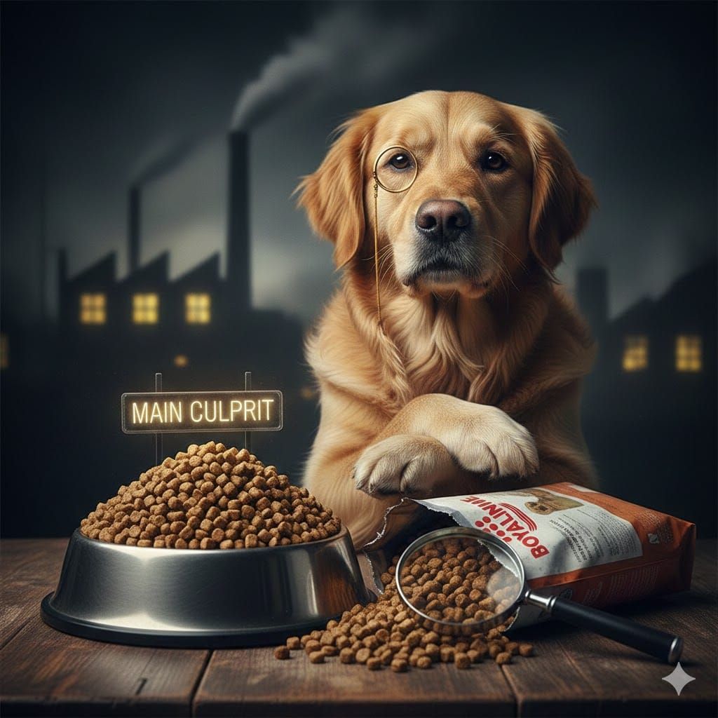 Concept art of 'The Kibble Critic' dog exposing the industrial truth behind processed pet food ingredients.