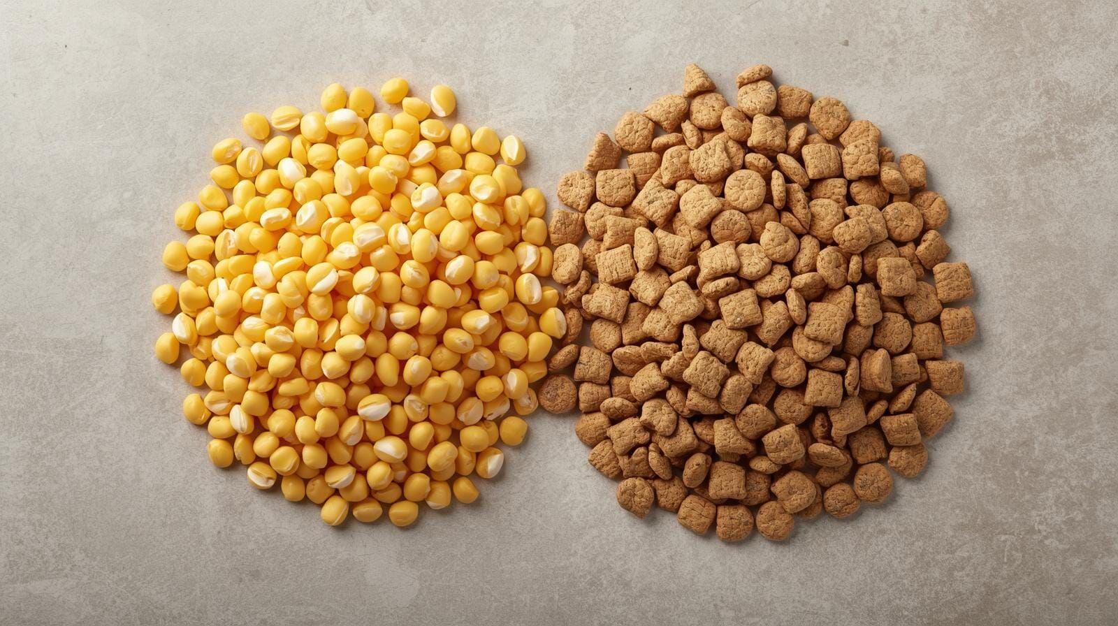 cor kenrles beside dry dog kibble - corn gluten meal used as cheap filler in dog food.