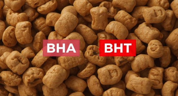 Harmful chemical preservatives in dog food. BHA and BHT labelled on dog food