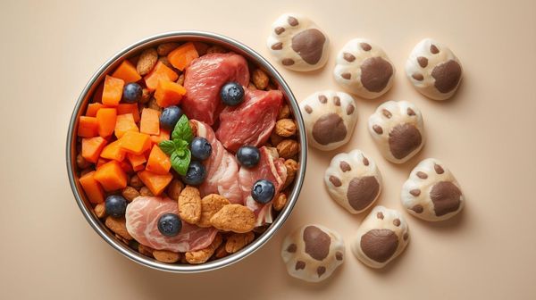 Fresh dog food bowl with raw meat, sweet potatoe, blue berry and natural treats - Premium pet food ingredients