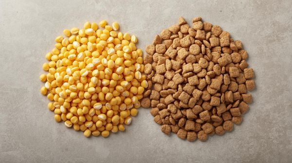 cor kenrles beside dry dog kibble - corn gluten meal used as cheap filler in dog food.