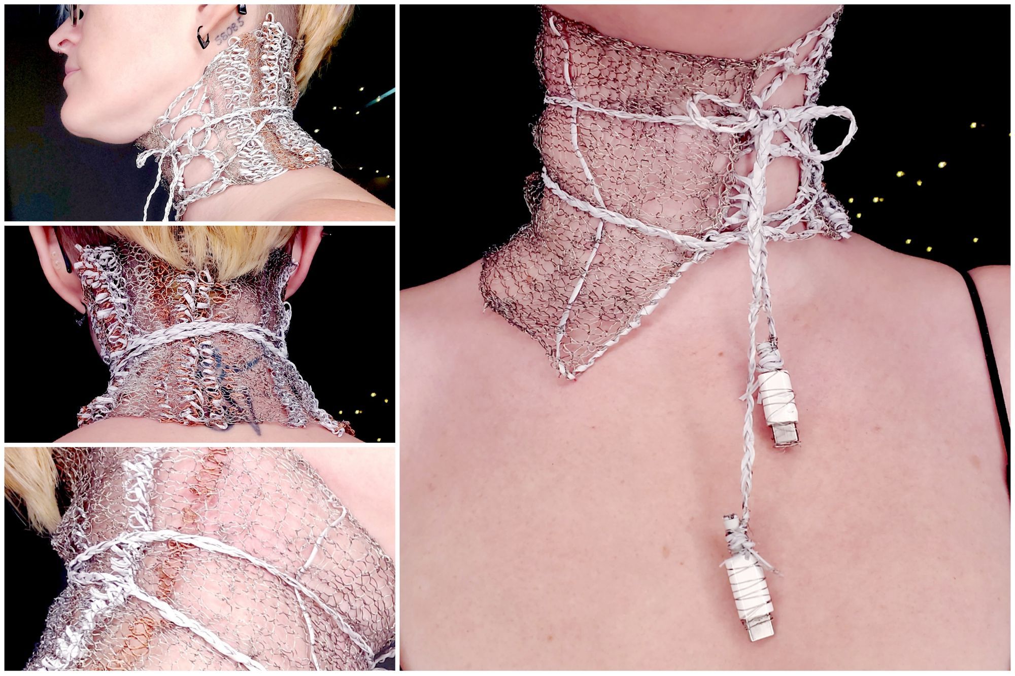 A 4 picture collage of a full neck choker knit from the insides of a charging cord, with the tails hanging down